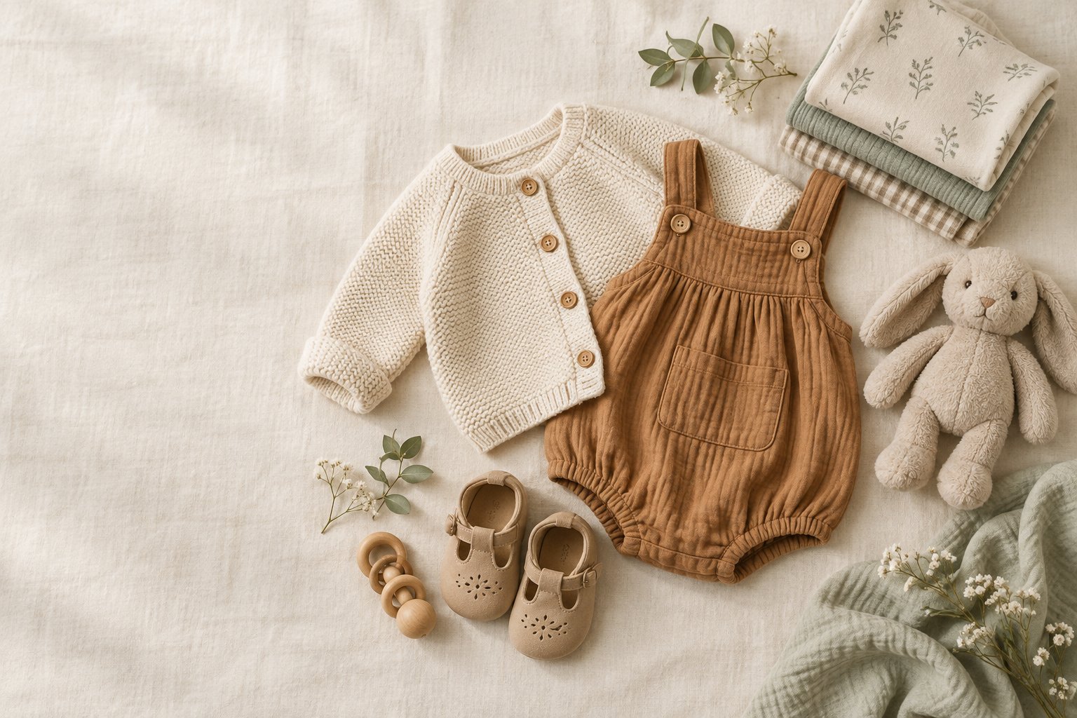 Selección de prendas infantiles en tonos crema, caramelo y verde suave